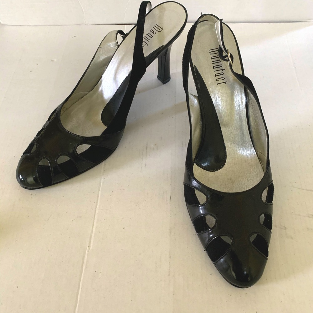 Black Italian patent leather slingback shoes with beautiful cut-outs block heels